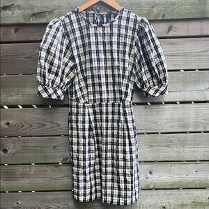 NOBODY'S CHILD gingham minidress with puffy sleeves, black and grey, size 2